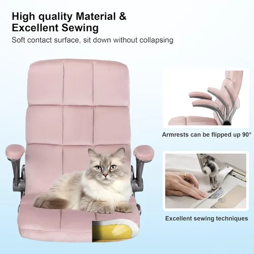 Miniatura 5 de Sillas de oficina de terciopelo con reposabrazos abatibles, silla de escritorio cómoda de tela para oficina en casa con ruedas, sillas ergonómicas