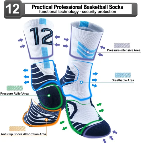 Miniatura 36 de 2 pares de calcetines de baloncesto para hombres y niños, equipo de baloncesto con número de la suerte, calcetines de estrella para niños y adultos