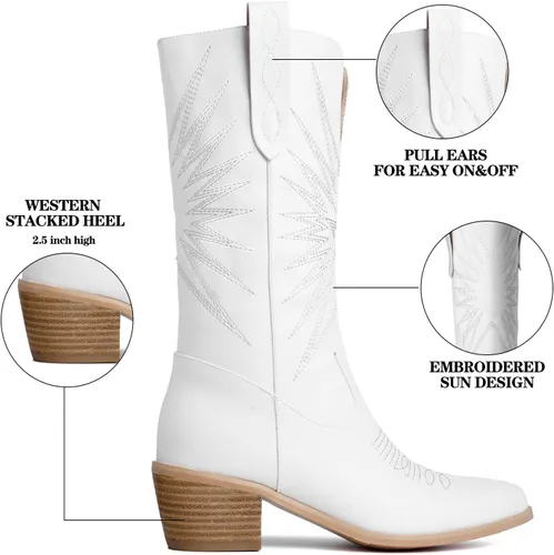 Miniatura 2 de olomisa Botas vaqueras para mujer, botas metálicas bordadas con punta puntiaguda, tacón grueso, botas vaqueras de media pantorrilla