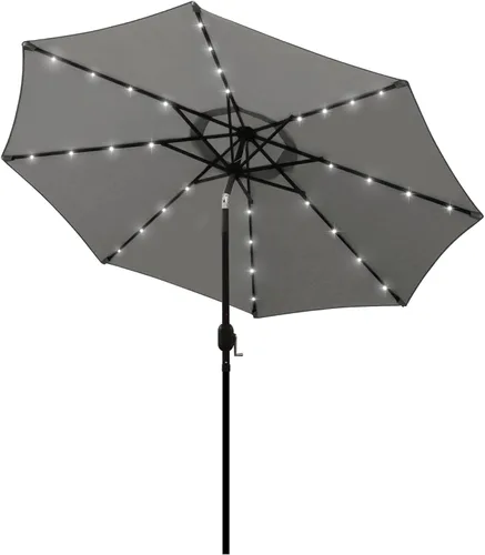 Blissun - Sombrilla solar de 9 pies, 32 luces LED, parasol de mesa para patio, jardín, cubierta, piscina y playa (gris)