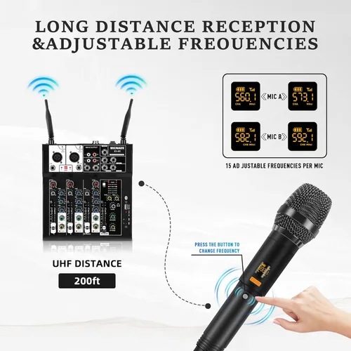 Miniatura 2 de Mezclador de audio de 4 canales, mezclador de karaoke con micrófonos inalámbricos duales, tablero de sonido profesional, consola de mezcla de DJ