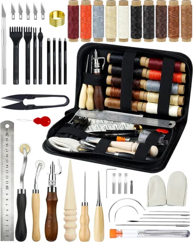 PLANTIONAL Herramientas de trabajo de cuero para principiantes: kit profesional de artesanía de cuero con hilo encerado punzón de costura punzón
