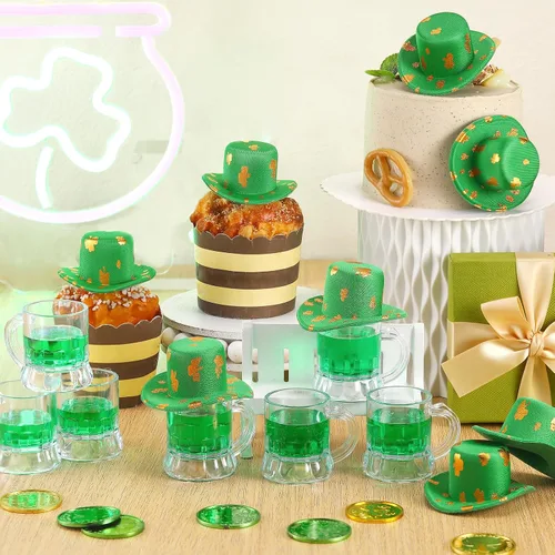Miniatura 3 de Pickmesh 20 piezas de mini tazas de cerveza para el día de San Patricio, sombreros de duende verdes, taza de cerveza de plástico de 1 onza, vasos