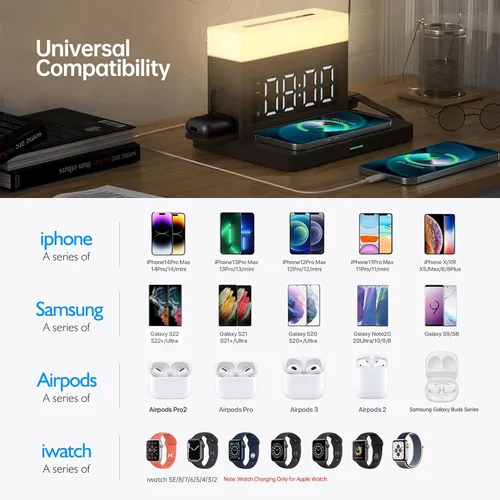 Miniatura 2 de Cargador inalámbrico, estación de carga inalámbrica 6 en 1 con despertador digital y luz nocturna, cargador rápido de 15 W compatible con iPhone