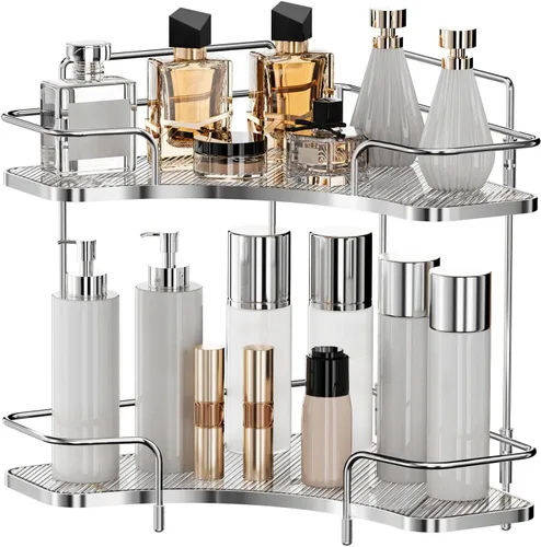 Miniatura 8 de Seoneiro Organizador de esquina de 2 niveles para encimera de baño, organizador cosmético para el cuidado de la piel, bandeja de perfume