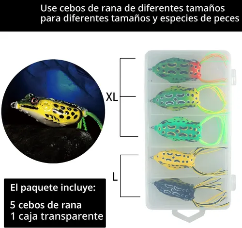 Miniatura 8 de 5 piezas de conjuntos de señuelos de rana de agua superior con caja de cebo, señuelos de pesca de rana rayada de agua superior, cebo suave
