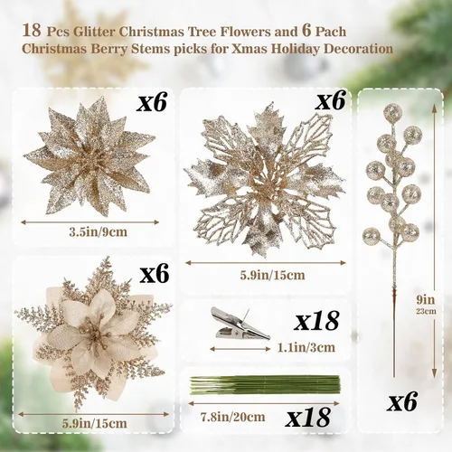 Miniatura 3 de N&T NIETING - Kit de 24 piezas de flores artificiales de Pascua y tallos con bayas y purpurina para Navidad, adornos florales para árbol de Navidad