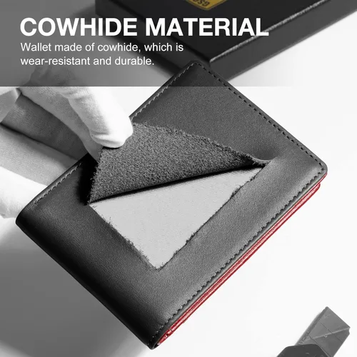 Miniatura 6 de GSOIAX Billetera delgada para hombre minimalista de cuero genuino fibra de carbono con bloqueo RFID de cuero vacuno plegable con caja de regalo