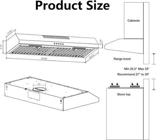 Miniatura 7 de Campana extractora para debajo del gabinete de 30 pulgadas, 600 CFM, con conductos o sin conductos, convertible para cocina, acero inoxidable, 3