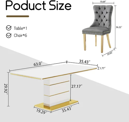 Miniatura 2 de Mesa de comedor moderna negra para 6 personas, mesa de cocina rectangular de 63 pulgadas con acabado lacado dorado y base de pedestal de acero
