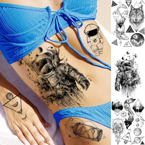 Miniatura 5 de NEZAR - 6 hojas con tatuajes temporales e impermeables, con diseño de planetas geométricos en 3D, estrellas y luna, montaña, para el antebrazo