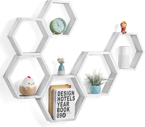 Miniatura 9 de YBING Estantes flotantes hexagonales montados en la pared de madera de granja de almacenamiento de nido de abeja, juego de 6 estantes hexagonales