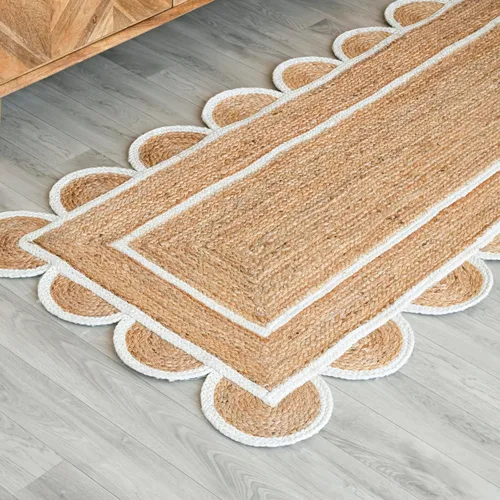 Miniatura 5 de Alfombra festoneada de yute natural, base natural, borde blanco hueso, 2 pies x 6 pies