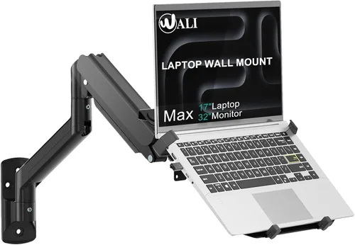 WALI Soporte de pared para laptop, brazo de laptop totalmente ajustable para portátiles de 10 a 17 pulgadas, soporte de pared para monitor 2 en 1