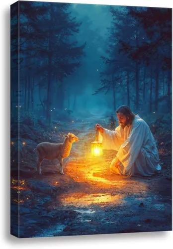 Miniatura 14 de Decoración de pared religiosa para sala de oración, arte de pared cristiano para decoraciones de Navidad, lienzo de Jesús y cordero, impresión
