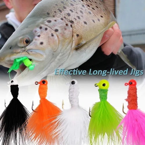 Miniatura 5 de Crappie Jigs Marabou - Señuelo de pesca con plumas de marabú, gancho para pesca de lubina, anzuelo, trucha, lucioperca, panfish 1/8 onzas, 1/16