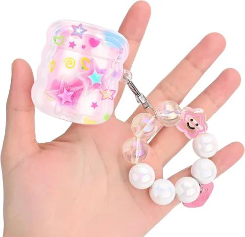 Miniatura 2 de Bonita funda para AirPods con colgante de amor, llavero de cuentas redondas coloridas, diseño de estrellas 3D con purpurina, funda protectora suave