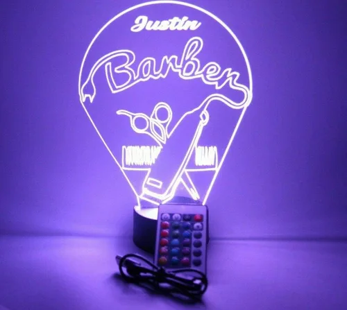 Miniatura 9 de Barbería peluquería corte peine silla tijeras afeitado hombres noche luz LED grabado personalizado nombre personalizado escritorio lámpara de mesa