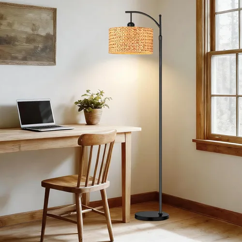Miniatura 6 de QIYIZM Lámpara de pie para sala de estar, dormitorio, estilo granja, arco, ratán, boho, lámpara de pie con control remoto regulable, pantalla