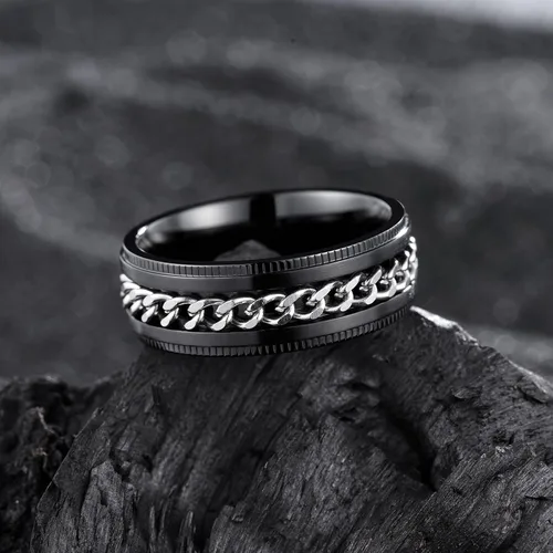 Miniatura 123 de King Will - Anillo antiestrés de acero inoxidable 316L para hombres y mujeres, con cadena decorativa giratoria, 8 mm de ancho, anillo de boda