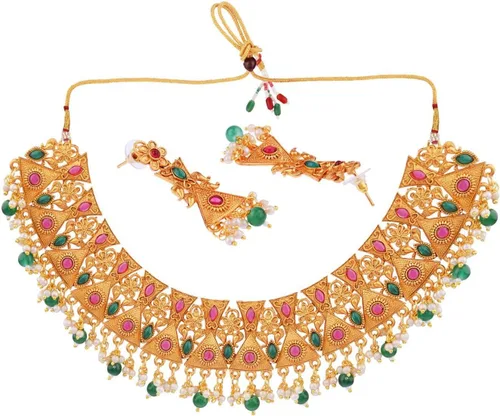 Miniatura 5 de Efulgenz Indian Wedding Jewelry for Women Antique Gold Tone Pink Choker Necklace Set Faux Pearl Drop Dangle Earrings Faux Kundan Bridal Set Indian