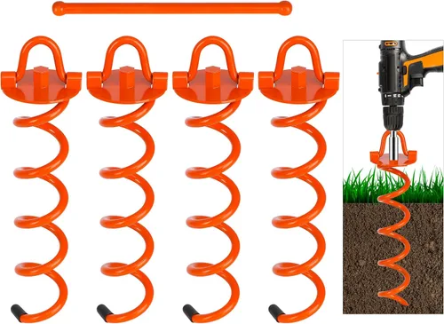 FEED GARDEN Anclajes de suelo en espiral de 12.2 pulgadas, estacas en espiral resistentes, paquete de 4 estacas plegables para asegurar perros,