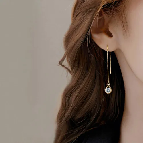 Miniatura 2 de Reffeer Solid 925 Sterling Silver CZ Droplet Chain Dangle Earrings for Women Girls Crystal Dangle Earrings Threader Tassel