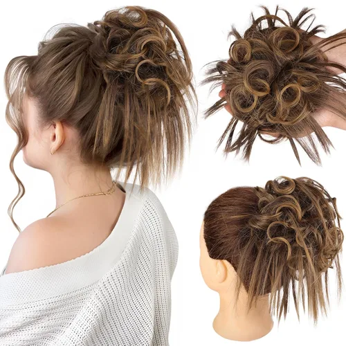 Miniatura 10 de HMD - Extensiones de cabello tipo chongo alborotado con rodelo despeinado, banda elástica de goma, extensiones de cabello sintético para mujer