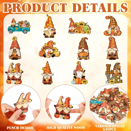 Miniatura 3 de FairySandy 36 piezas de decoración y adornos de árbol de otoño, gnomos de Acción de Gracias, adornos colgantes de madera, calabazas, hojas, flores