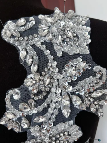 Miniatura 3 de Apliques de cuentas y diamantes de imitación hechos a mano para coser en parche de encaje de cristal, 1 par para ropa de bricolaje, vestido de Plata