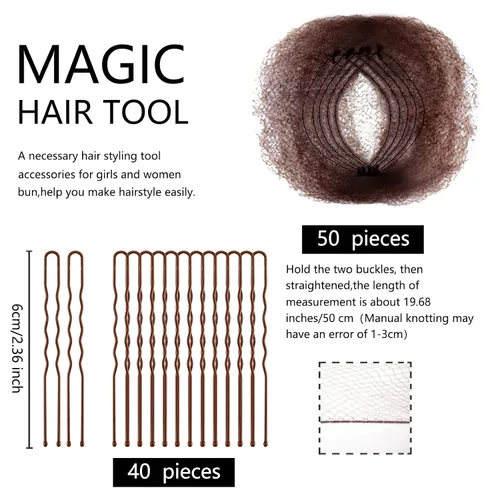 Miniatura 2 de Zonon Redes para Cabello de Moño 50 Piezas, Malla Elástica de Borde Invisible, Paquete Individual, Marrón y Horquillas en Forma de U 40 Piezas