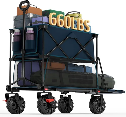 Miniatura 14 de Portal - Carro plegable grande de doble cubierta con frenos, carro de utilidad plegable resistente de 660 lb, ruedas grandes todo terreno de 400 L