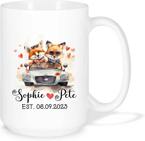Miniatura 19 de Taza de café personalizada con diseño de zorro de 11 onzas, 15 onzas, divertida taza de viaje para pareja de zorros, taza de té con nombre y fecha