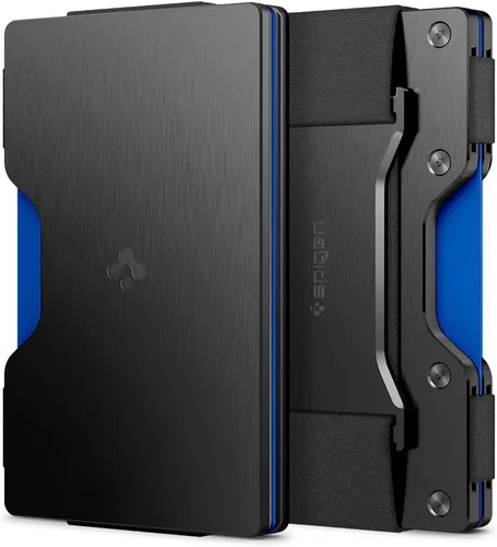 Spigen Cartera de metal con bloqueo RFID delgada minimalista tarjetero de crédito para hombres y mujeres con correa de efectivo para padres Negro -