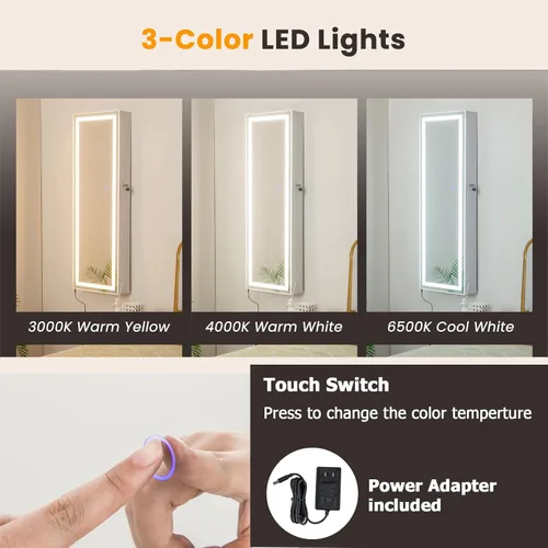 Miniatura 10 de Giantex Armario de joyería para puerta de pared, espejo de longitud completa iluminado con pantalla táctil con cerradura de 47.2 pulgadas, 3 ajustes