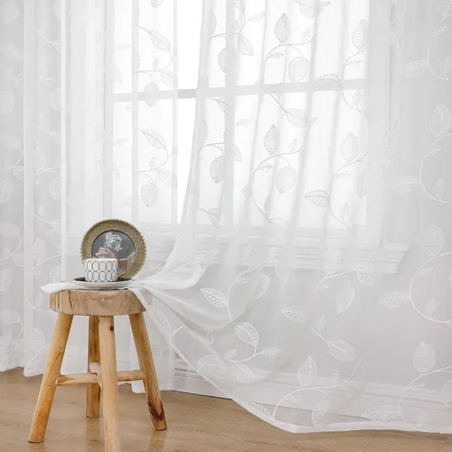 YoungsTex Cortinas Transparentes con Diseño de Hojas de 63 Pulgadas de Largo para Ventana de Sala de Estar, Cortinas de Encaje Blanco Ligeras con