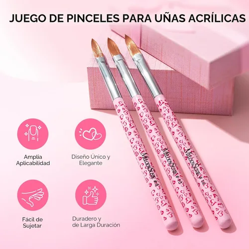 Miniatura 3 de MelodySusie Juego de 3 brochas acrílicas para uñas, tamaños 8/10/14, herramienta profesional de arte de uñas para aplicación acrílica, polvo, A-Rosa
