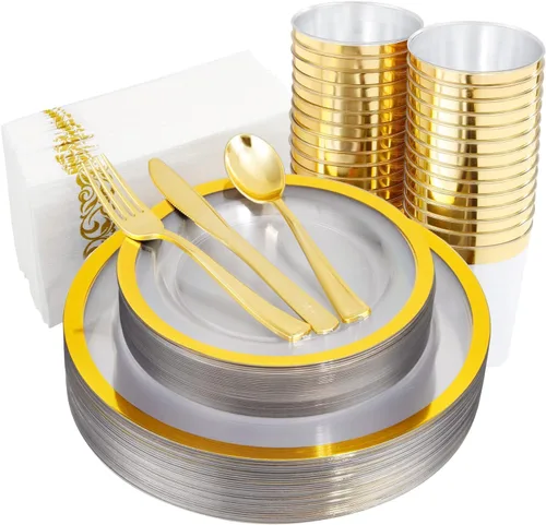 YOUBET 210 platos de plástico dorado, platos desechables dorados transparentes resistentes, incluye 30 platos llanos, 30 platos de postre, 30 tazas