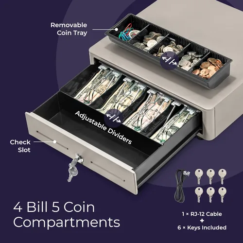 Miniatura 3 de Volcora Cajón de caja registradora para sistema de punto de venta (POS) con esquina redonda de 13 pulgadas, bandeja extraíble para monedas, 4 Gris
