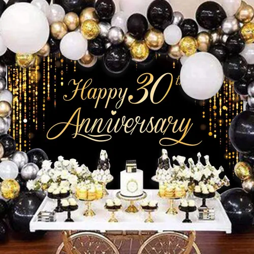 Miniatura 2 de Pancarta de Feliz 30º Aniversario - Póster de Fotografía Negro Dorado para Decoración de Bodas y Fiestas de Cumpleaños