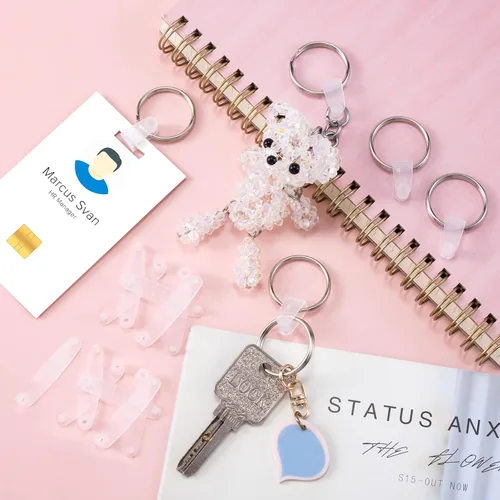Miniatura 3 de OIIKI 100 clips de plástico para llavero, conector acrílico transparente, pestañas a presión, tarjetero para llaves, anillos, oficina, tarjetas