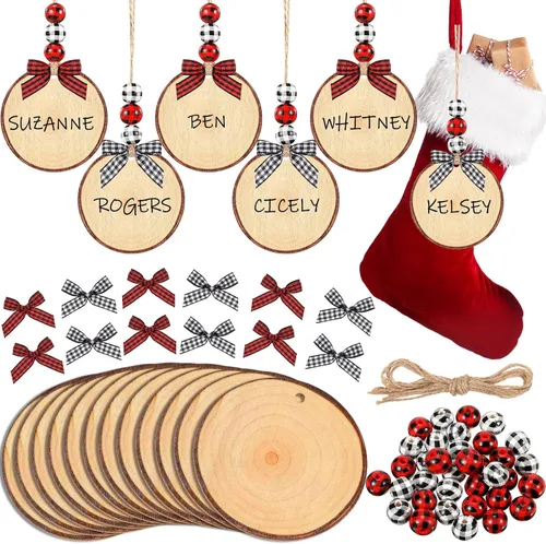 Miniatura 7 de Vicenpal Juego de 12 etiquetas de nombre para calcetines de Navidad, letreros de madera para bricolaje, incluye etiquetas de cuentas de madera