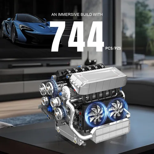 Miniatura 5 de Mould King 10213 V8 Kit de construcción de modelo de motor, motor mecánico inteligente de chip con pistones móviles y cigüeñal, más de 744 piezas