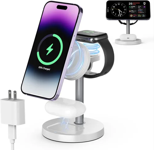 Estación de carga inalámbrica 3 en 1 compatible con MagSafe, soporte de cargador magnético Mag-Safe de carga rápida de 15 W para Apple iPhone 17 16