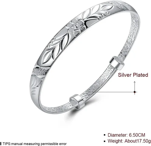 Miniatura 2 de Yuren Pulsera de plata de ley 925 tallada con flor de fu, 0.62 oz, peso 2.6 in, para regalo de boda