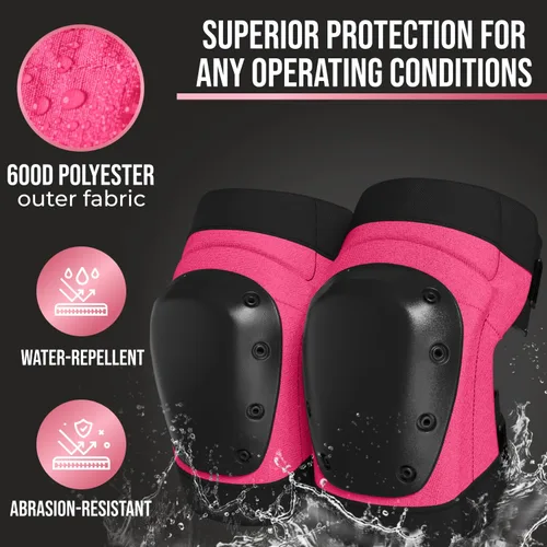 Miniatura 6 de PRO - Rodilleras estilo constructor para mujer con 3 niveles de protección, rosa, 1 par, tapa de plástico de soporte plano y cierres ajustables