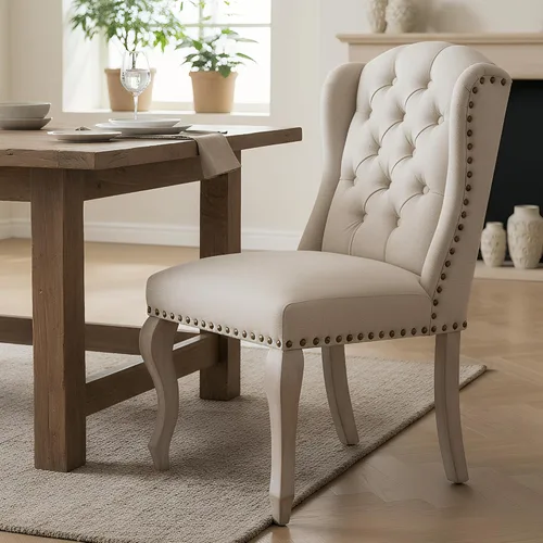 Miniatura 3 de Juego de 6 sillas de comedor de lino, sillas de comedor de granja con respaldo copetudo, sillas de cocina Parsons francesas tapizadas, sillas