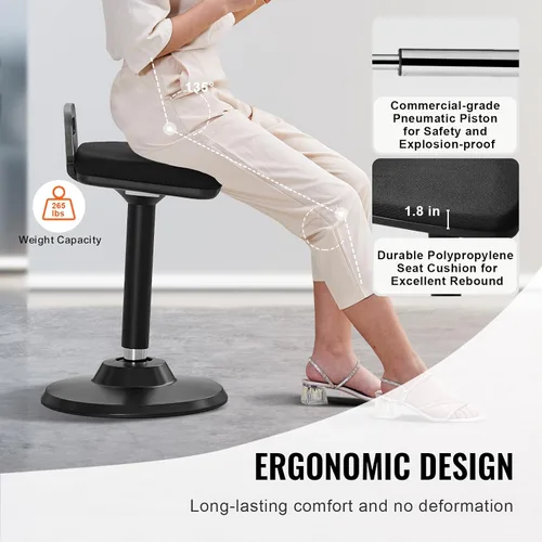 Miniatura 5 de VEVOR Silla activa con asa, altura ajustable (24.6-34.4 pulgadas), silla tambaleante hecha de tela elástica y espuma de 1.772 in, ideal para Negro