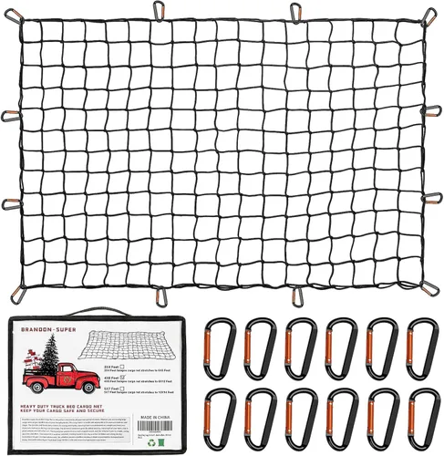 Red de carga resistente para caja de camioneta, se estira de 3 x 4 pies a 9 x 12 pies, 12 mosquetones de metal, compatible con Ford, Dodge RAM,