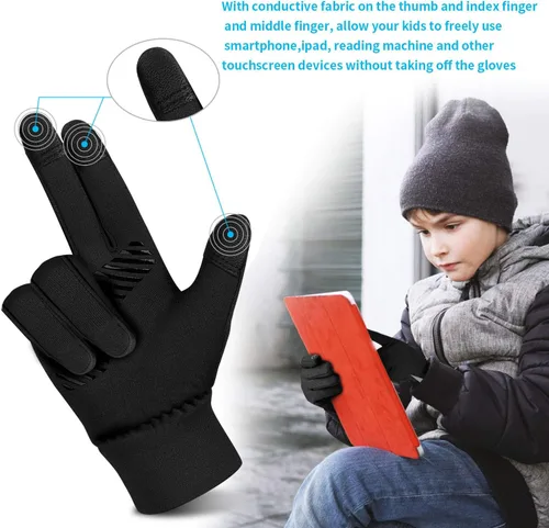Miniatura 4 de Guantes de invierno para niños, resistentes al agua, con forro suave, para pantalla táctil, para niños y niñas, de 3 a 15 años, color negro